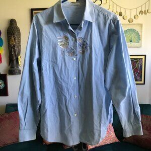 FOXCROFT size 16 Chambray Blue Embroidered Bike & Flowers Button Up Shirt VTG
